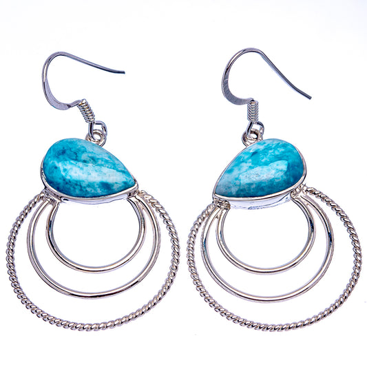 Sterling silver larimar drop earrings with oval blue stone and hoop-and-chain dangle