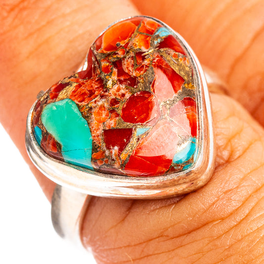 Heart-shaped coral & turquoise matrix ring, .925 sterling silver, openwork band