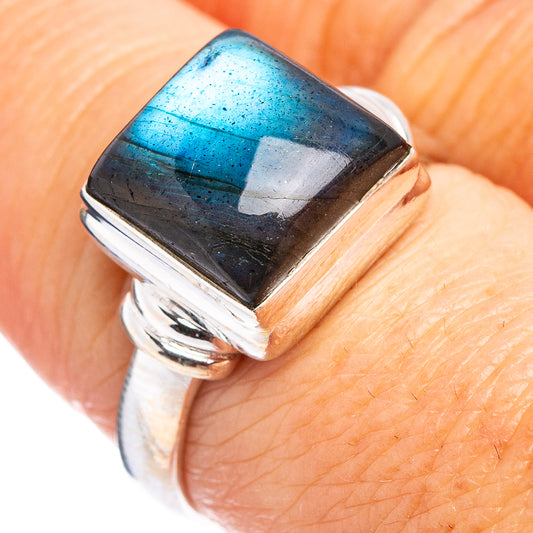 Labradorite gemstone ring, rectangular blue-gray stone on .925 sterling silver band