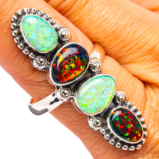 Sterling silver opal-style ring with oval green and red sparkling stones, size 10