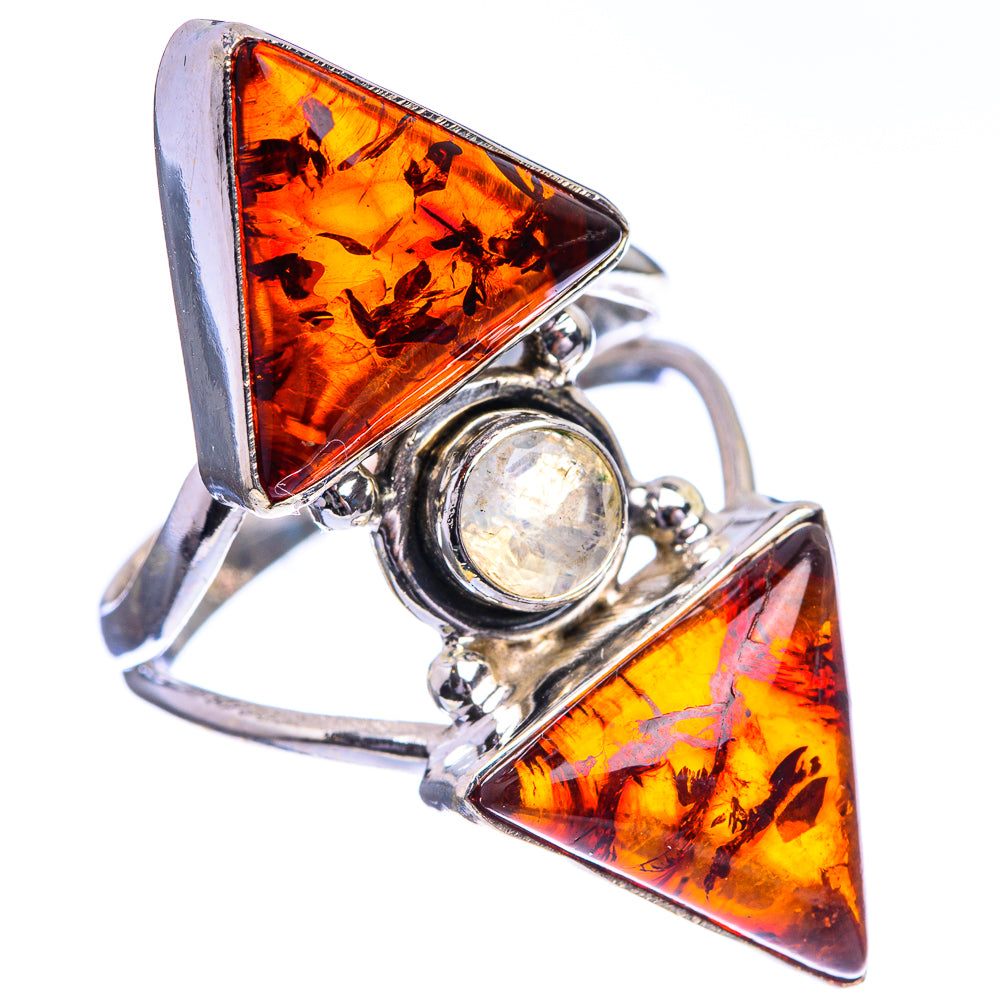 Large Baltic Amber, Rainbow Moonstone Ring Size 8.75 (925 Sterling Silver) R143180