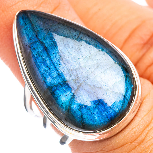 Labradorite gemstone ring, size 6.25, oval cabochon, .925 sterling silver bezel, vivid blue flash