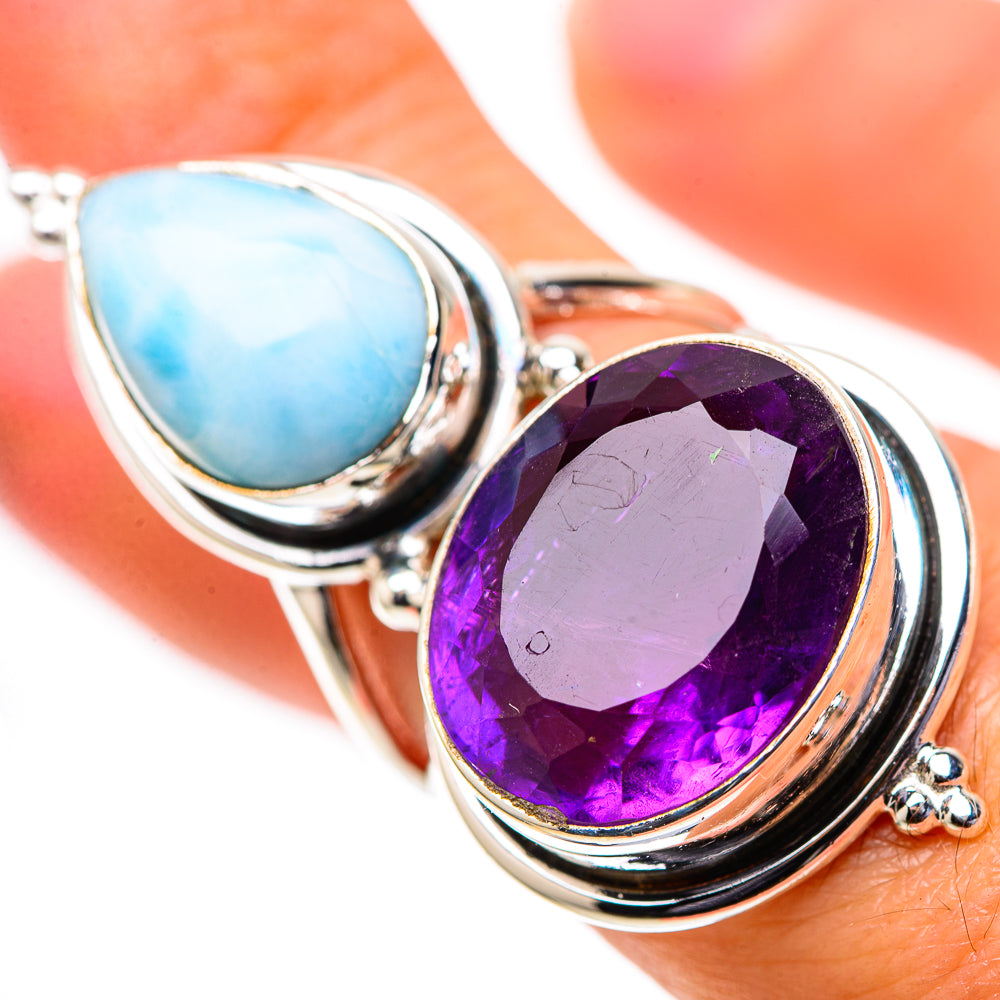 925 sterling silver ring featuring faceted oval amethyst and oval larimar gemstones