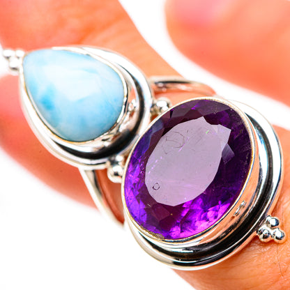 925 sterling silver ring featuring faceted oval amethyst and oval larimar gemstones