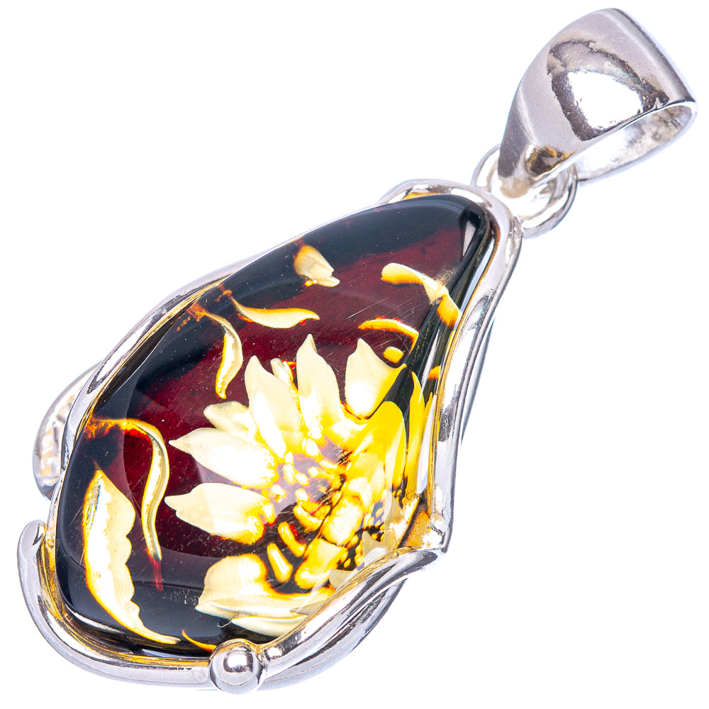 Amber Intaglio Sunflower Pendant 1 5/8" (925 Sterling Silver) P42558