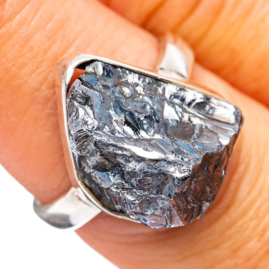 Sterling silver raw galena ring, size 6.5, dark blue-gray crystal bezel set