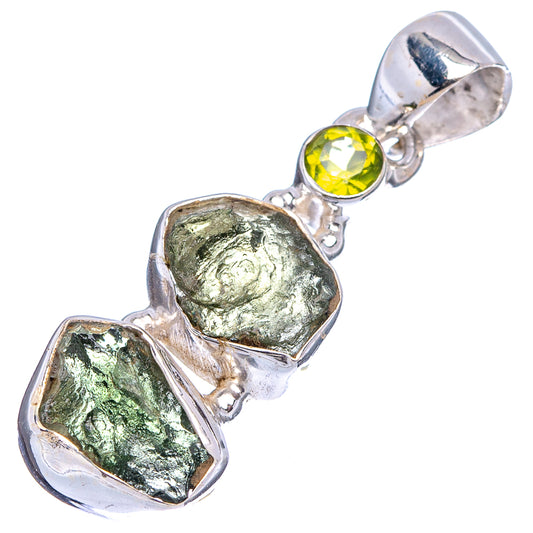 Sterling silver pendant with round yellow-green peridot and two rough green moldavite stones