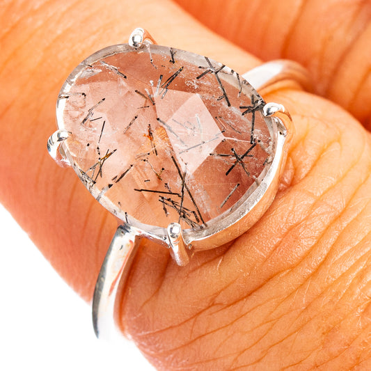 Sterling silver ring with oval faceted tourmalinated quartz and black needle inclusions