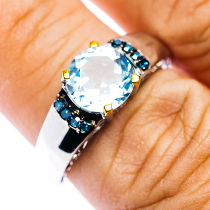 Blue Topaz, Blue Diamond Ring Size 6.75 (.925 Sterling Silver)
