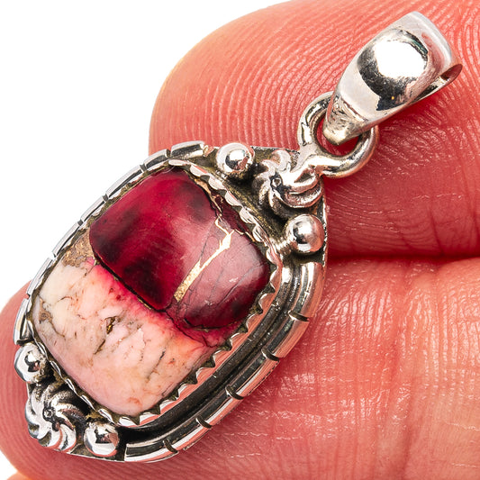 Sterling silver oval turquoise pendant with red and white stone, ornate bezel
