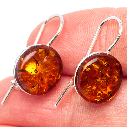 Round Baltic amber cabochon drop earrings, .925 sterling silver hooks