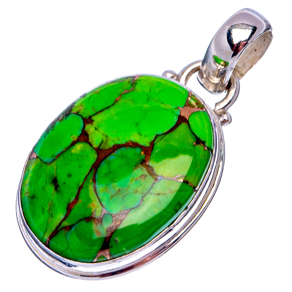 Oval green turquoise pendant in .925 sterling silver bezel, side view