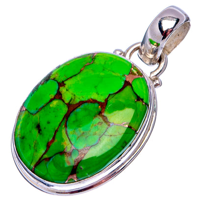 Oval green turquoise pendant in .925 sterling silver bezel, side view