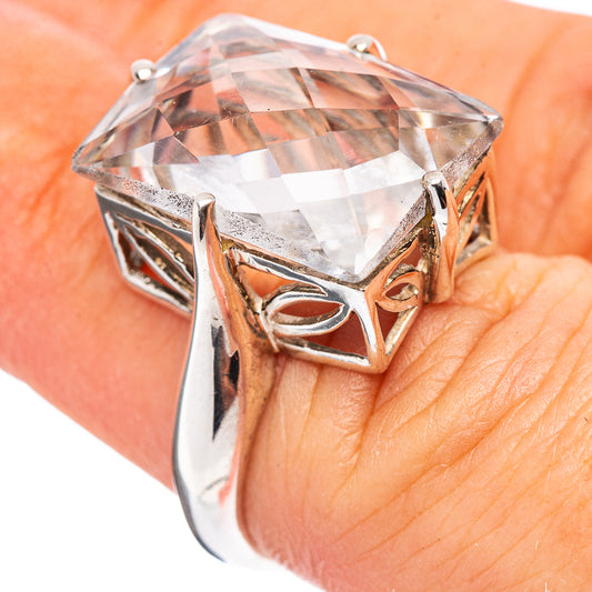 Sterling silver ring, square clear topaz stone with ornate openwork prongs