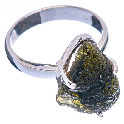 Sterling silver ring featuring rough green moldavite nugget, cupped open band