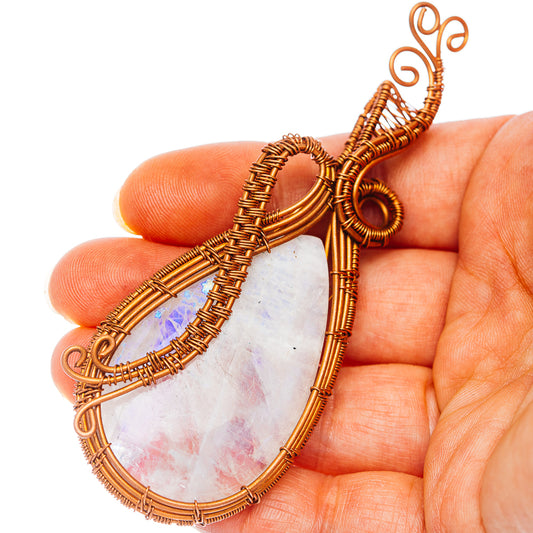 Rainbow Moonstone Wire Wrap Pendant 3 5/8" (Copper)