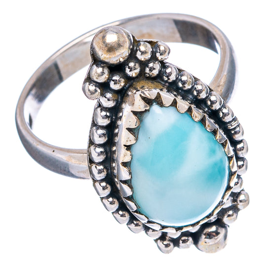 Oval larimar cabochon halo ring in .925 sterling silver with beaded detail