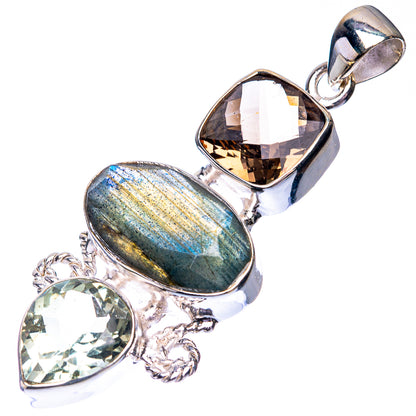 Labradorite, White Quartz, Smoky Quartz Pendant 2 1/8" (925 Sterling Silver) P38686