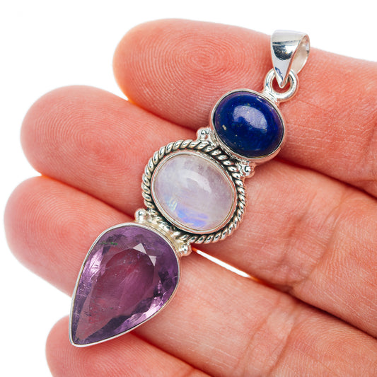 Premium Rainbow Moonstone, Amethyst, Lapis Lazuli Pendant 2 1/4" (.925 Sterling Silver)
