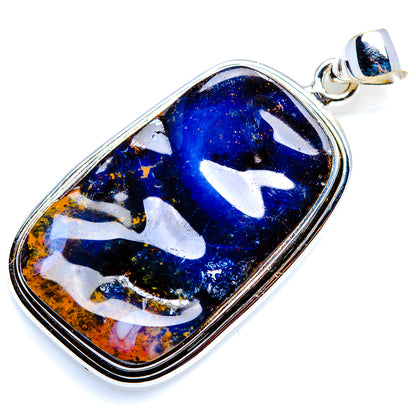 Sterling silver opal pendant with oval boulder opal cabochon, blue center, open bezel