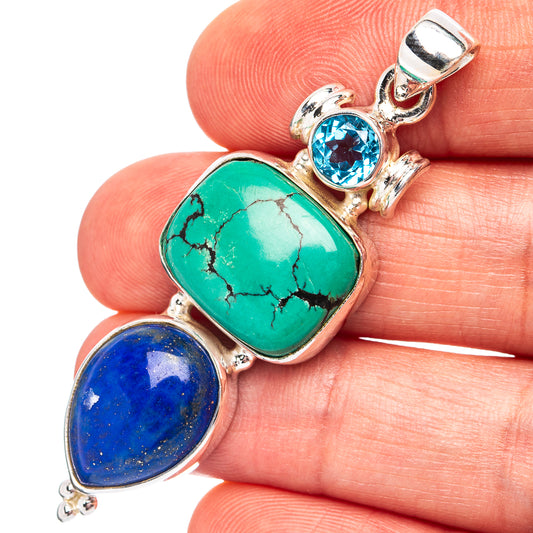 Turquoise and lapis lazuli pendant with blue topaz accents in .925 sterling silver