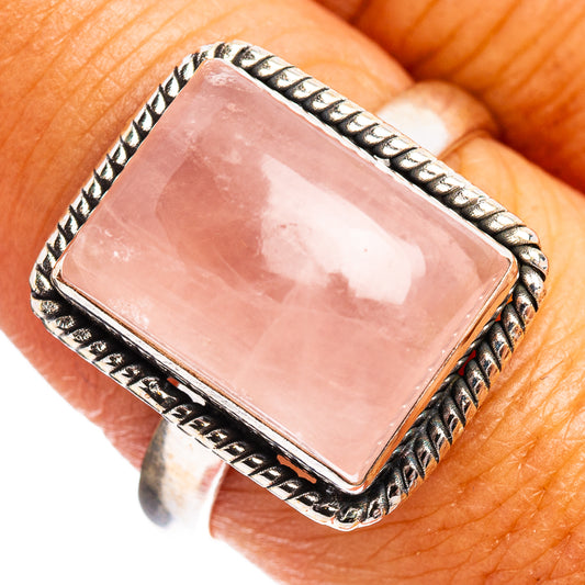 Rose quartz statement ring in silver with square pink gemstone, rope-style bezel