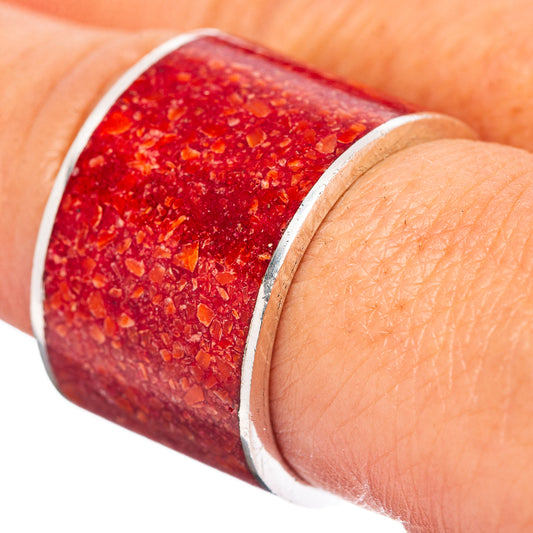 Red coral ring with textured red gemstone-look face and polished .925 sterling silver band