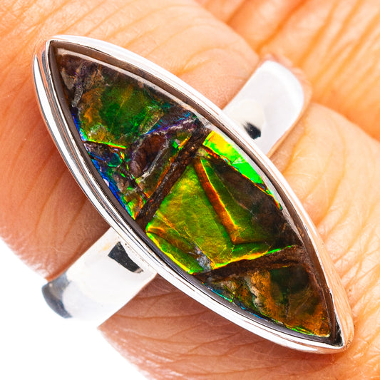 Sterling silver ammolite ring with teardrop-shaped iridescent multicolor stone