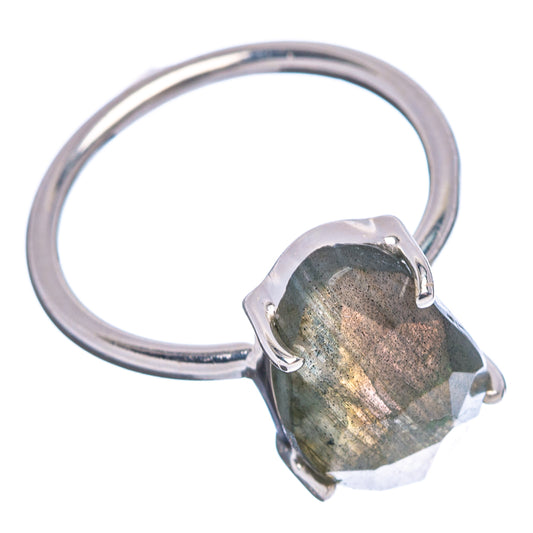 Sterling silver ring showing faceted labradorite stone with gray-green sheen
