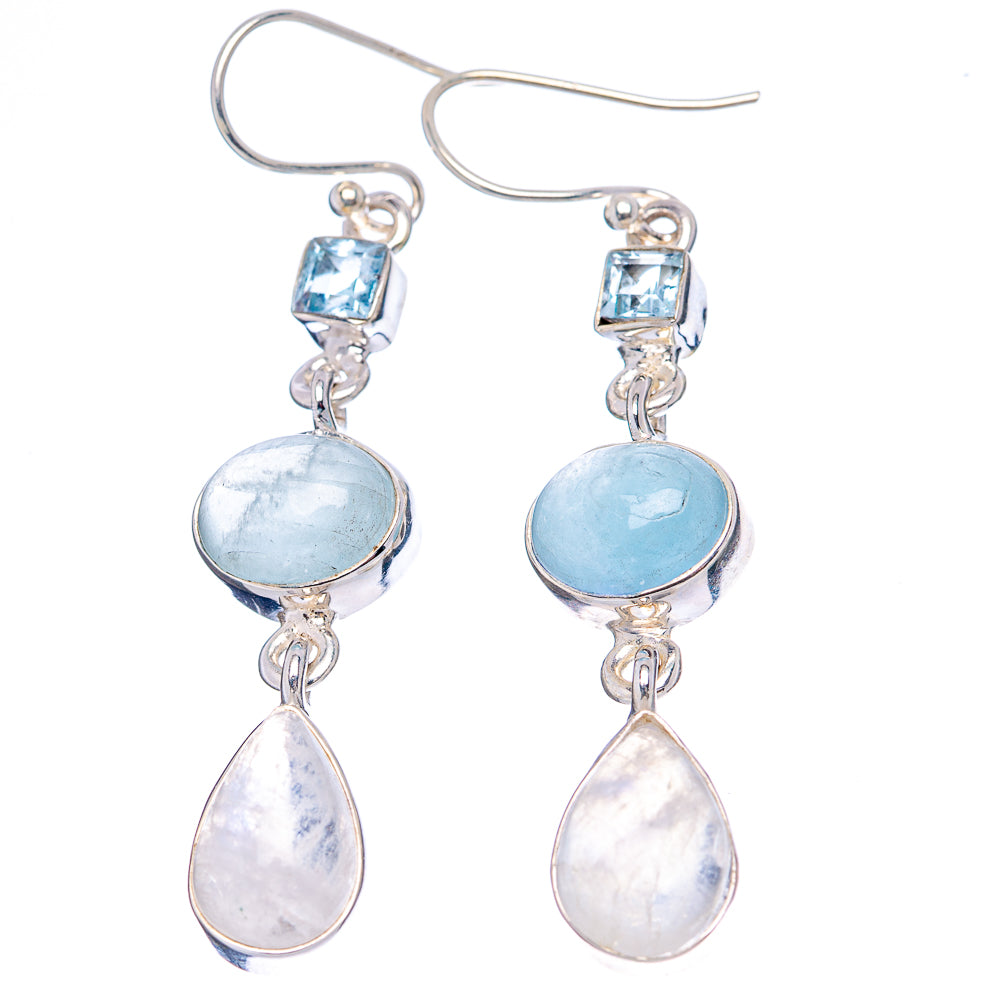 Premium Rainbow Moonstone, Aquamarine, Blue Topaz Earrings 2 1/8" (.925 Sterling Silver)