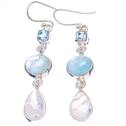 Premium Rainbow Moonstone, Aquamarine, Blue Topaz Earrings 2 1/8" (.925 Sterling Silver)