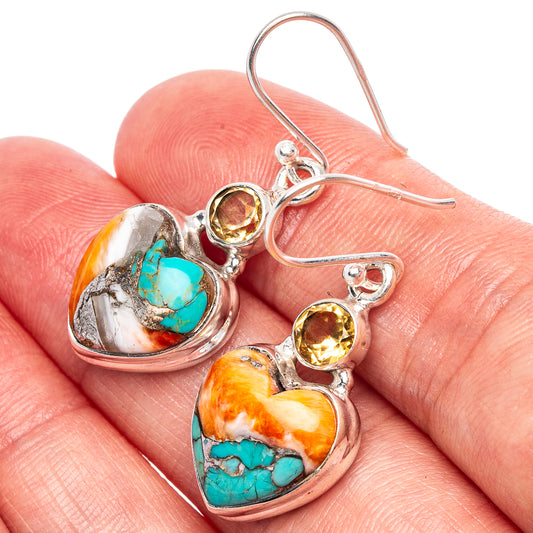 Spiny Oyster Turquoise, Citrine Heart Earrings 1 3/8" (925 Sterling Silver) E1698