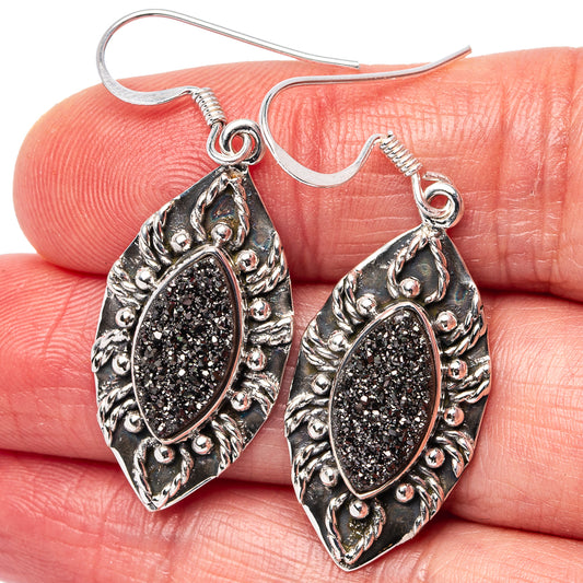 Sterling silver black druzy teardrop earrings with ornate filigree frames