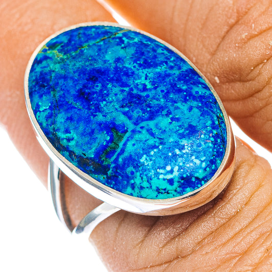 Oval blue azurite stone ring in .925 sterling silver bezel, close-up