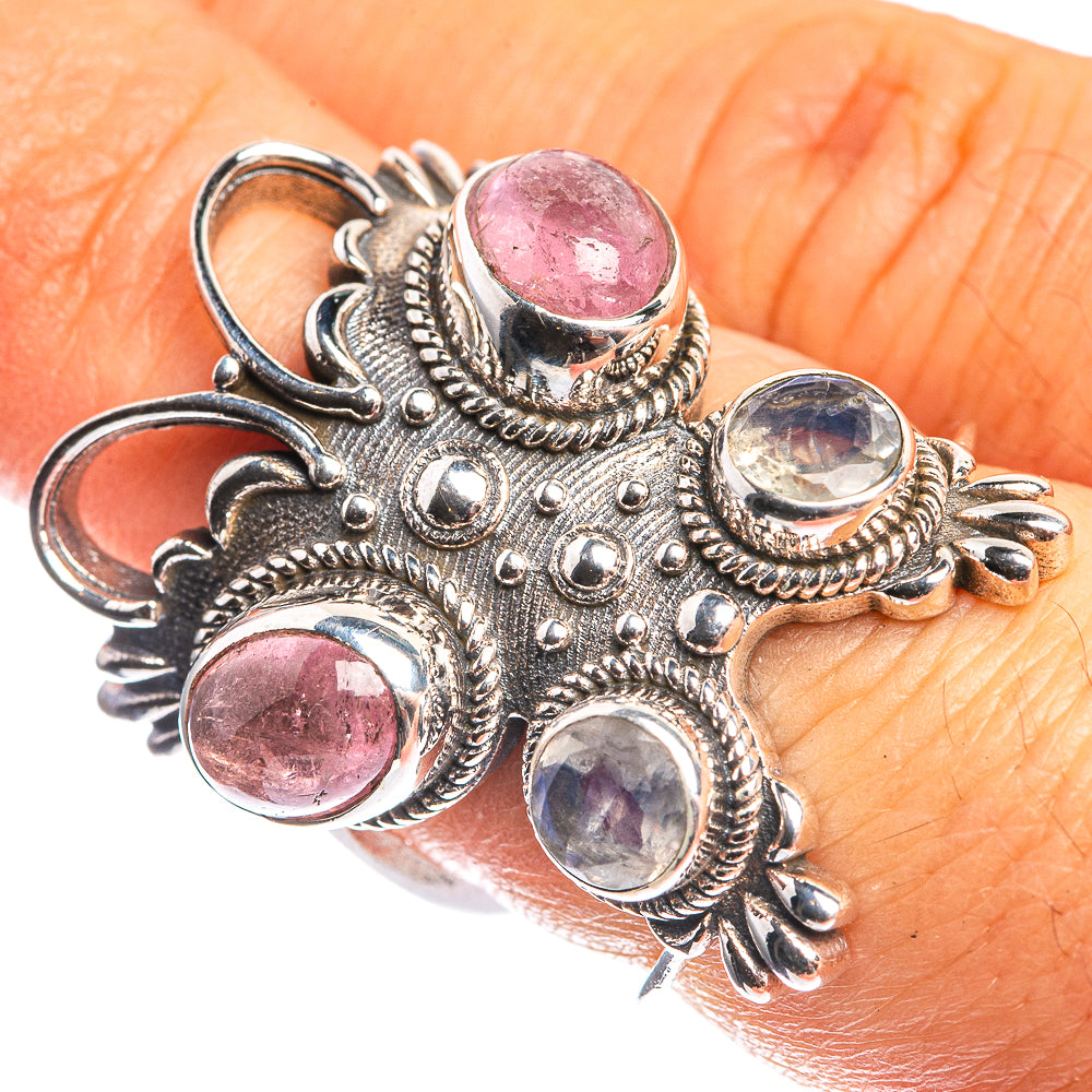 Large Pink Tourmaline, White Quartz 925 Sterling Silver Ring Size 6.75