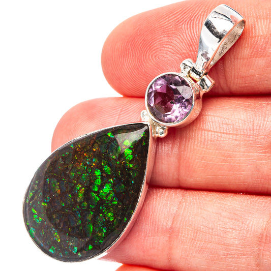 Amethyst and Canadian ammolite pendant with .925 sterling silver bail and teardrop stone