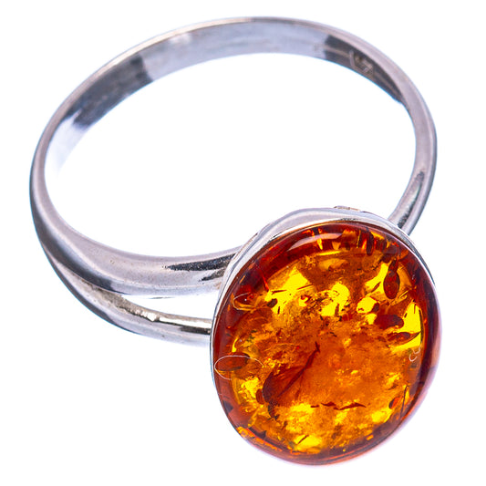 .925 sterling silver amber ring with round oval Baltic amber stone on band
