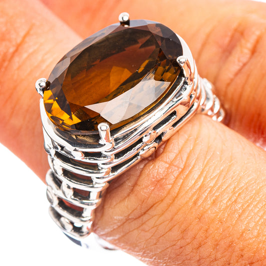 Faceted amber beer quartz oval ring in .925 sterling silver, ridged split band