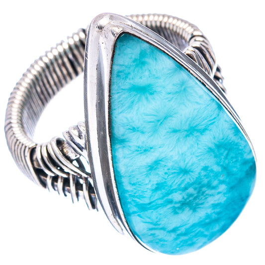 Sterling silver larimar ring with oval teardrop blue stone set in ridged wire