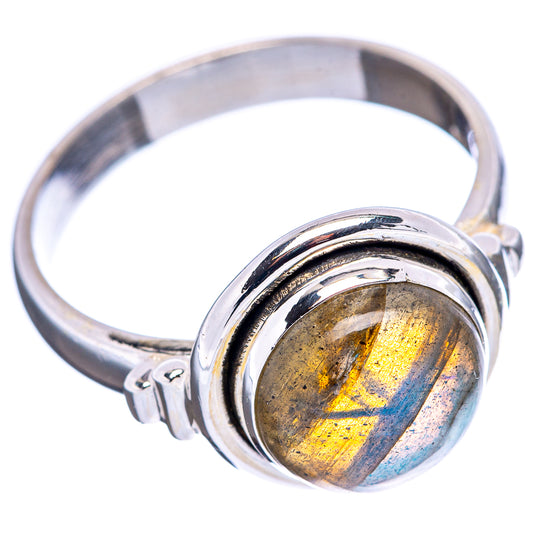 Labradorite sterling silver ring, oval cabochon with gold and blue iridescence, side view