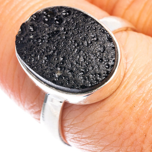 Sterling silver tektite ring, size 7.75, oval dark tektite stone bezel