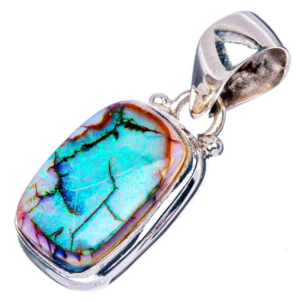 Sterling silver opal pendant, oval cabochon in bezel with blue-green and purple glow.