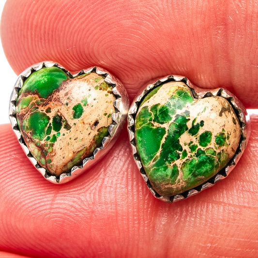 Heart gemstone earrings with green-and-brown sea sediment jasper in silver bezels