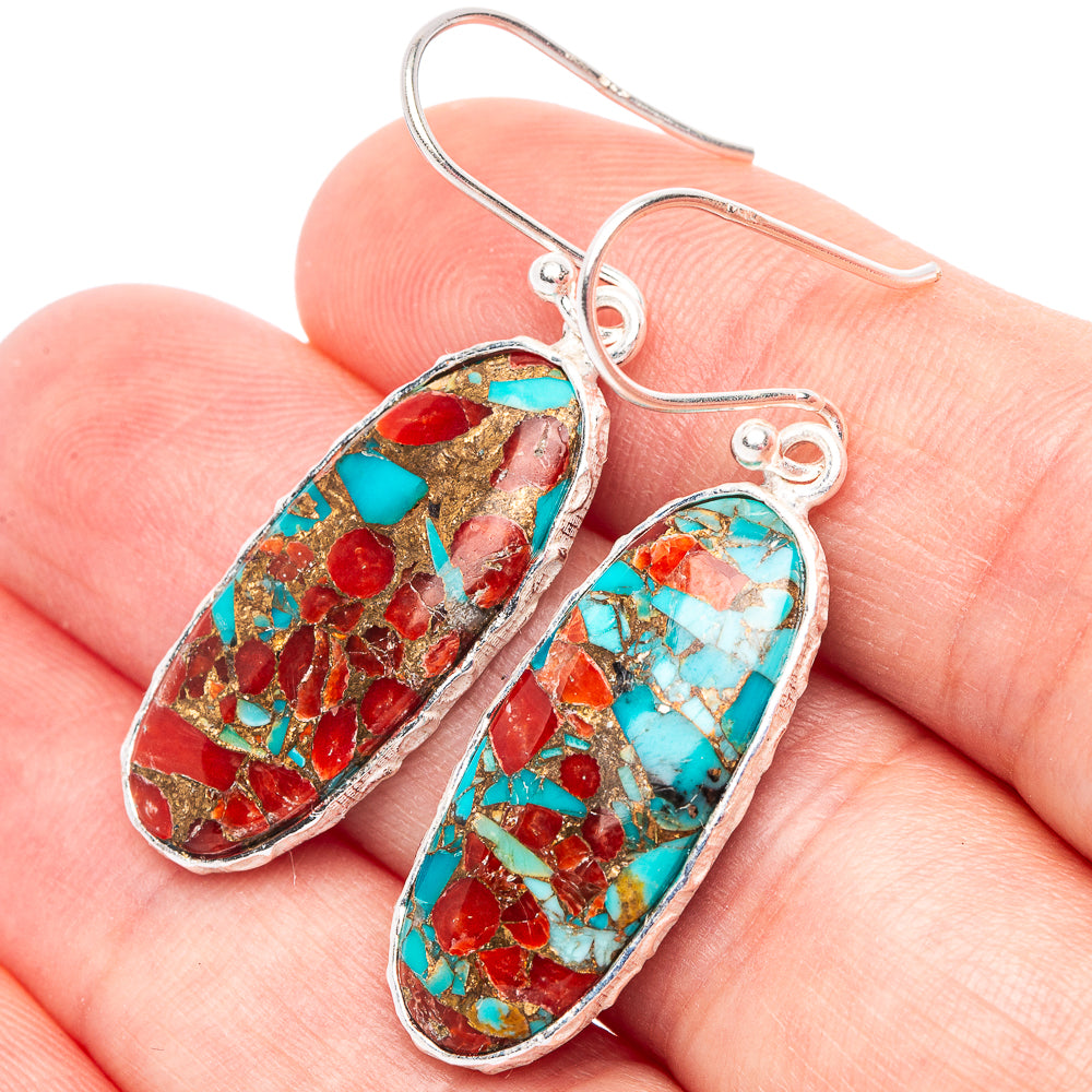 925 sterling silver hoop earrings with turquoise and coral mosaic matrix oval drops