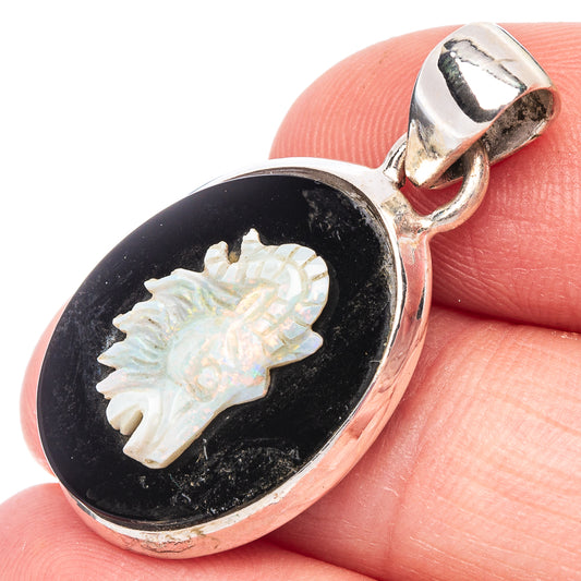 Rare Carved Opal Lady Cameo On Black Onyx Pendant 1 1/4" (925 Sterling Silver) P44444