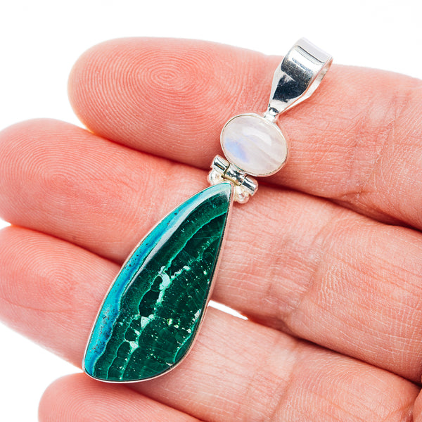 Premium Malachite In Chrysocolla, Rainbow Moonstone Pendant 2 1/8" (.925 Sterling Silver)