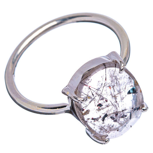 Sterling silver ring with oval faceted cacoxenite, prong-set stone with multicolor flecks