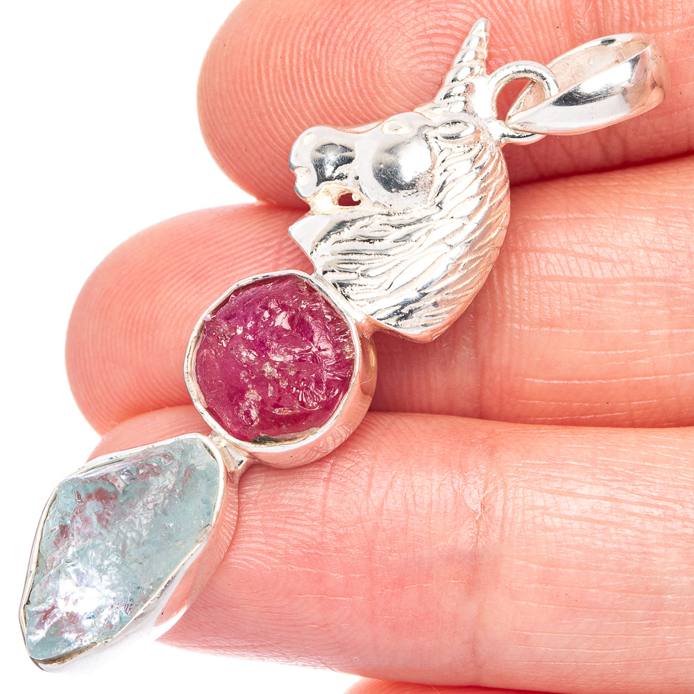 Raw Aquamarine, Ruby Unicorn Pendant 2" (925 Sterling Silver) P40224