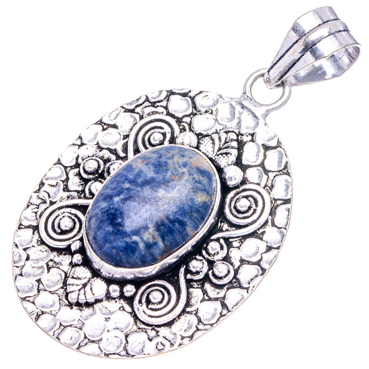 German silver sodalite oval pendant, detailed textured border and hanging bail