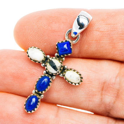Southwestern Style Lapis Lazuli Cross, White Buffalo Turquoise Pendant 1 1/2" (.925 Sterling Silver)